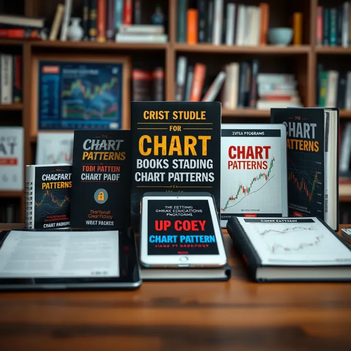 Collection of trading books in PDF format displayed on digital devices emphasizing chart pattern education