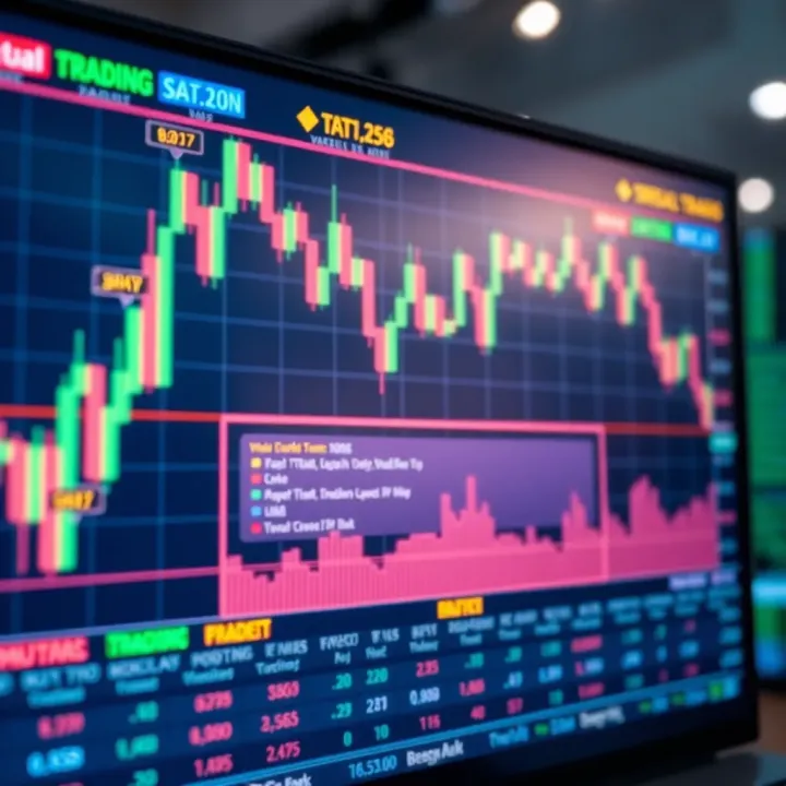 Stock market chart and financial data displayed on a digital screen representing virtual trading activities