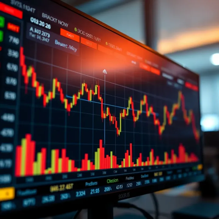 Digital interface displaying binary options trading chart with upward and downward trends