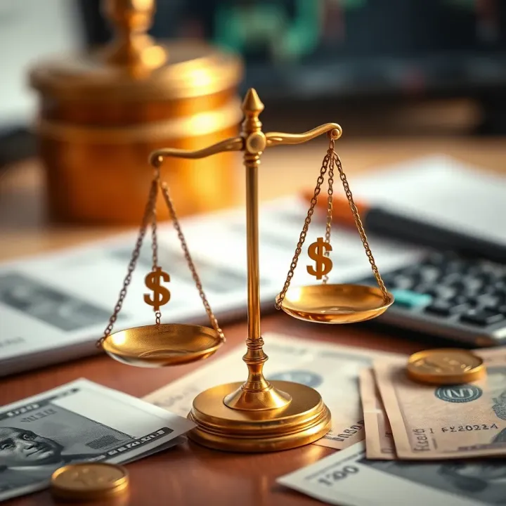 Illustration of legal scales balanced with currency symbols representing regulation and compliance in financial trading