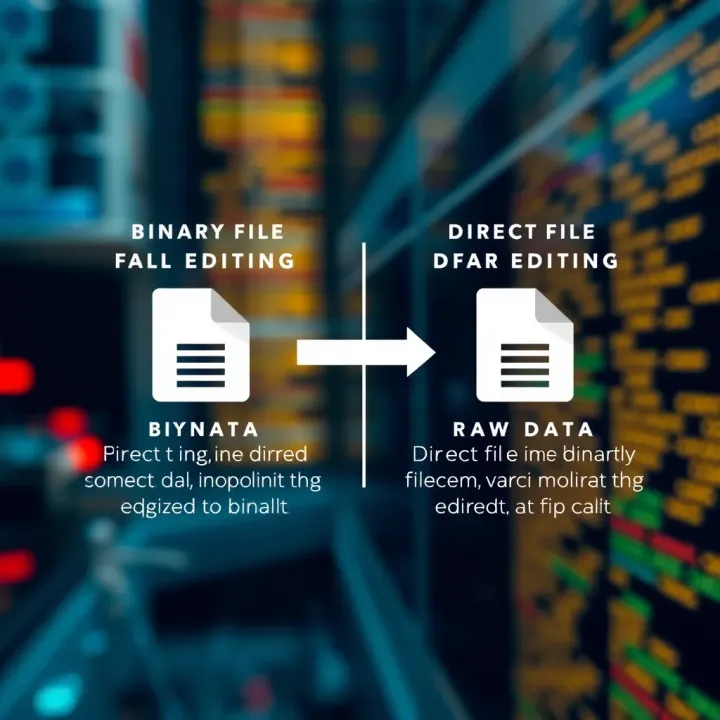 Diagram illustrating the difference between binary file editing and text file editing highlighting direct manipulation of raw data