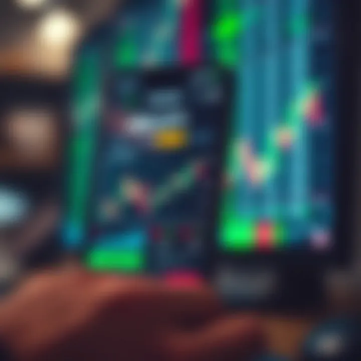 Smartphone displaying forex trading app interface with currency exchange rates and charts