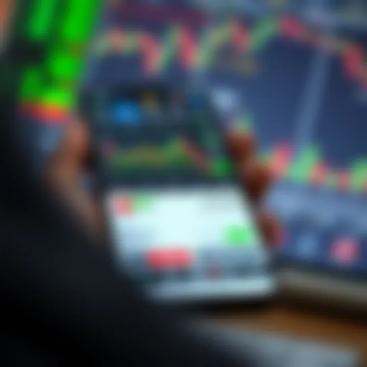 User interface of a market trading app showing stock charts and buy-sell options on a mobile device