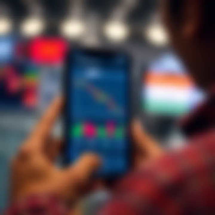 Simulated Stock Trading on Mobile Device for Skill Development User engaging with a mobile app for simulated stock trading in the Indian stock market