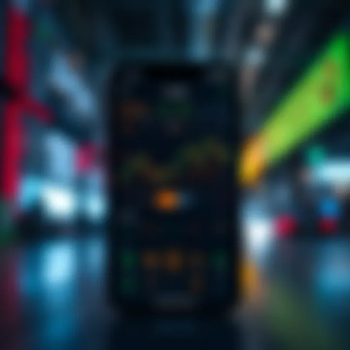 Mobile phone displaying a cryptocurrency trading app interface with charts and currency symbols