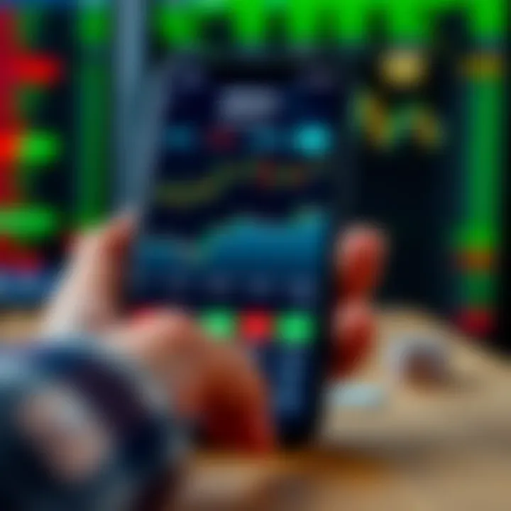Mobile device displaying a demo trading app interface with charts and virtual currency balances