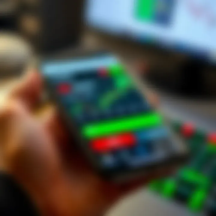 Mobile phone displaying a user interface of a trading application with charts and investment options