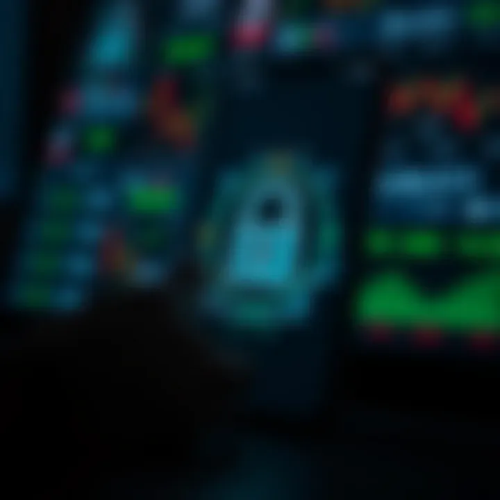 Secure mobile trading with encryption icons and a smartphone displaying a lock symbol