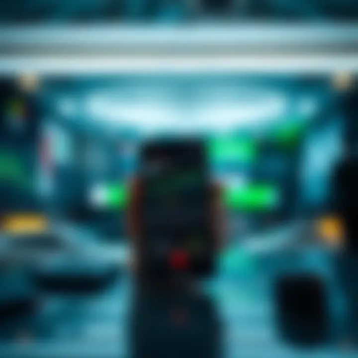 Smartphone screen displaying a variety of trading app features including charts, portfolio overview, and market news