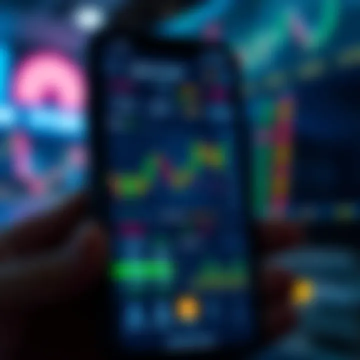 User interface of a mobile trading application displaying stock charts and market data