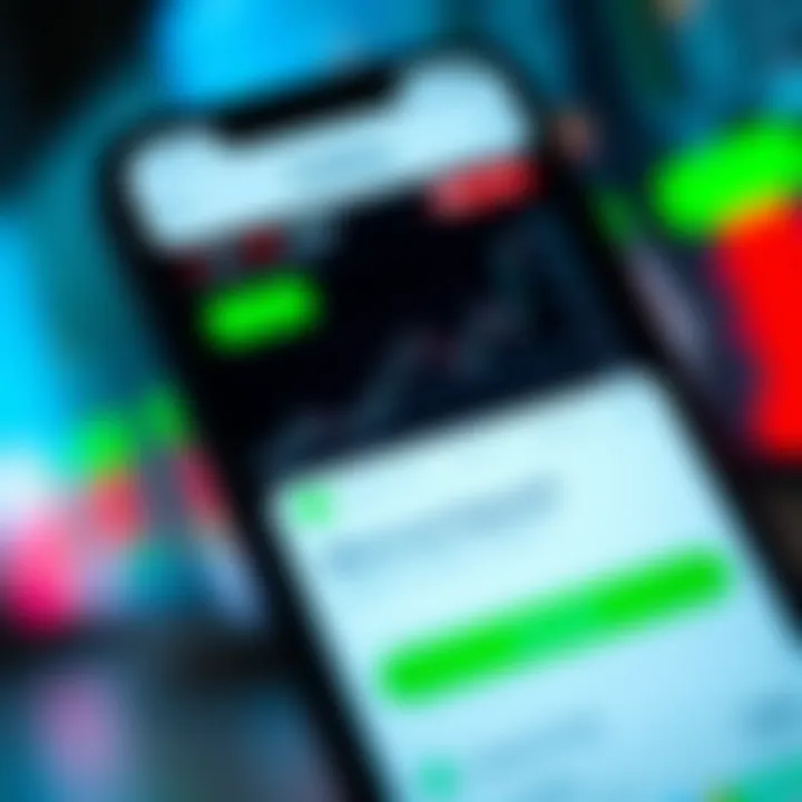 Mobile phone displaying a trading app interface with charts and minimal deposit options