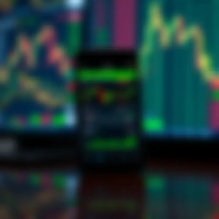 Smartphone displaying various stock market charts and trading options