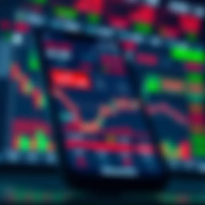 User interface of a mobile trading app displaying live stock market graphs and tools