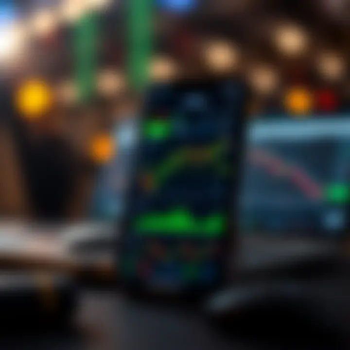 Mobile phone displaying a trading app interface with charts and stock market data