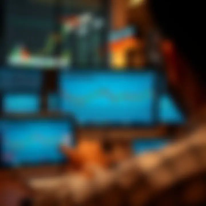 Illustration of online learning environment with various forex trading course modules displayed on computer and tablet screens