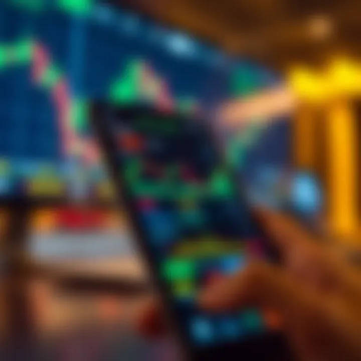 Mobile device displaying various stock market charts and trading indicators