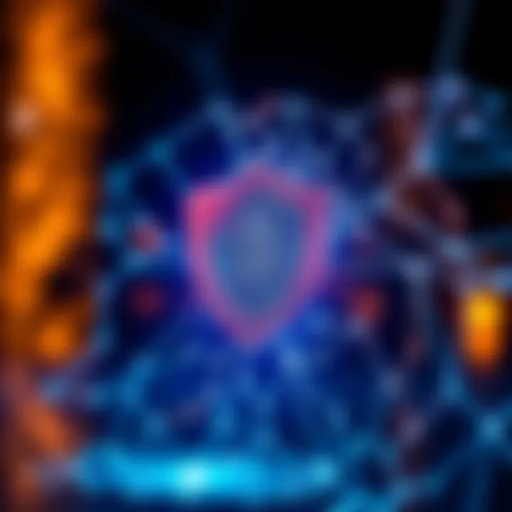 Conceptual illustration of digital security with a shield and blockchain network connections