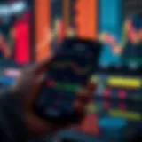 Mobile phone displaying a stock trading app interface with colorful charts and market data