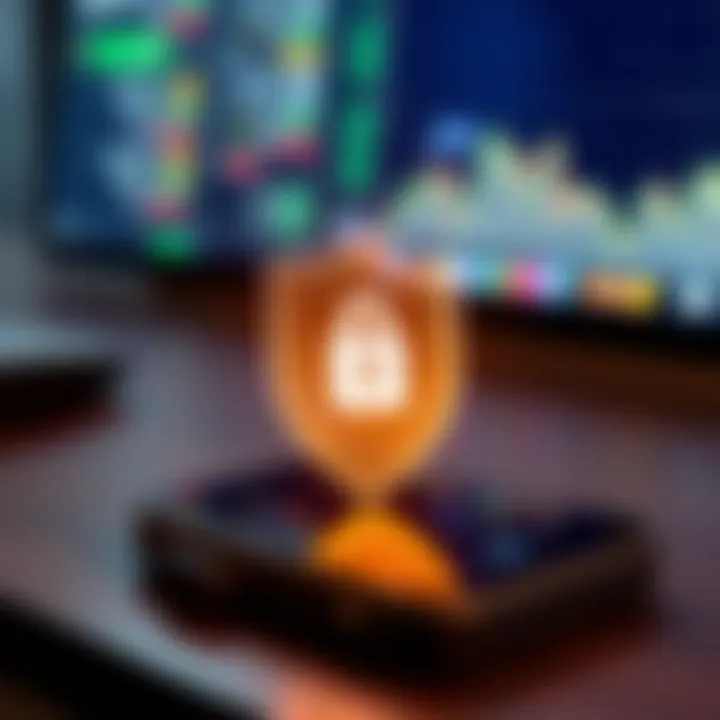 Security shield icon overlaid on a mobile device representing secure online trading for investors