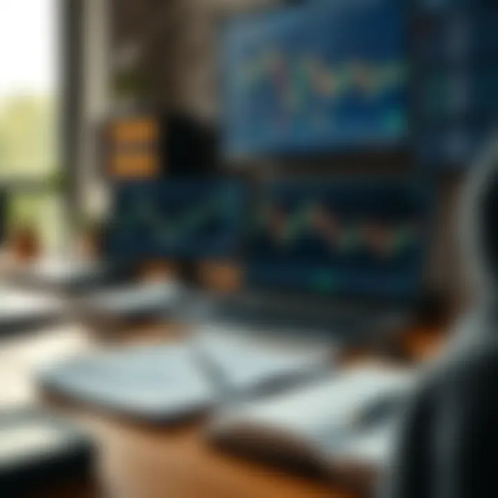 Close-up of a forex trading setup showing charts, notes, and a laptop indicating disciplined trading habits