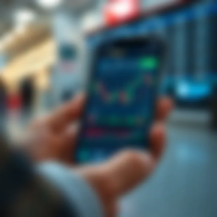 Mobile phone displaying a forex trading application with charts and currency pairs