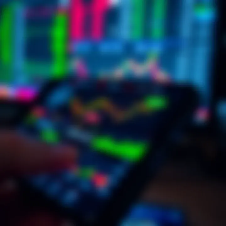 Mobile device displaying various trading app interfaces with graphs and charts