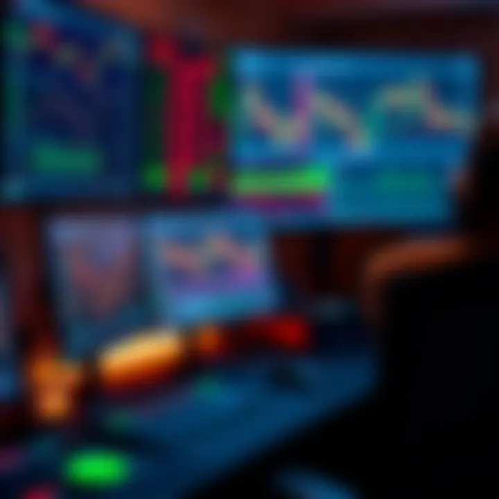 Trading desk setup with multiple monitors displaying forex charts and data