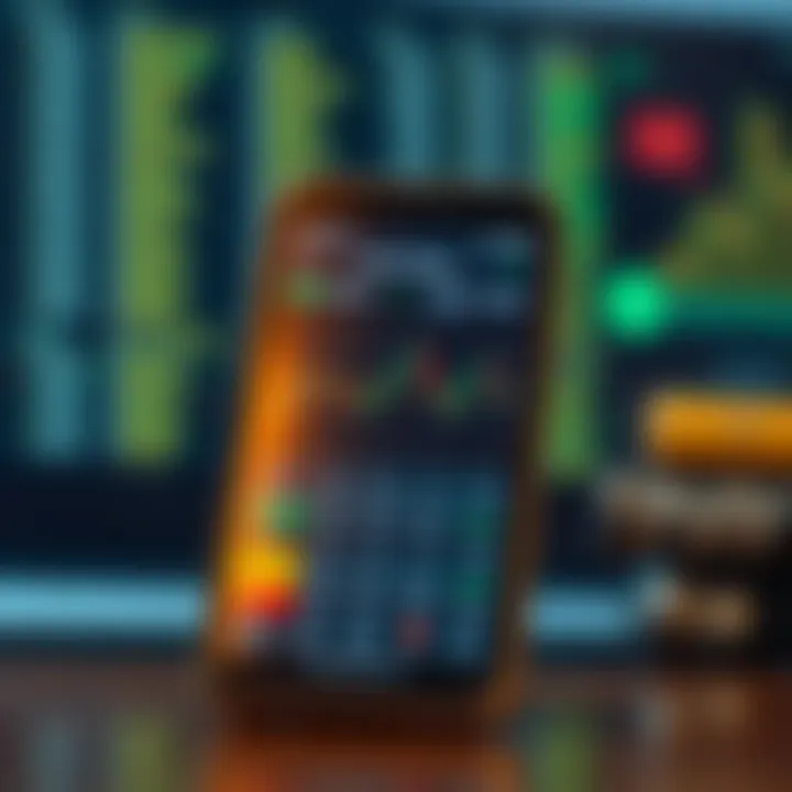 Old mobile phone displaying a stock trading application interface with charts and financial data