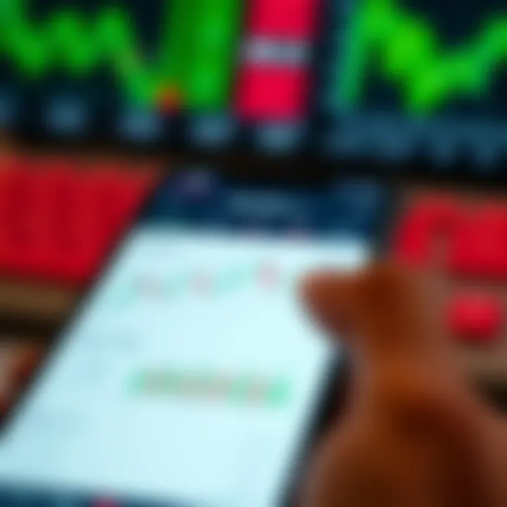 Mobile phone displaying a stock trading app interface with charts and market data