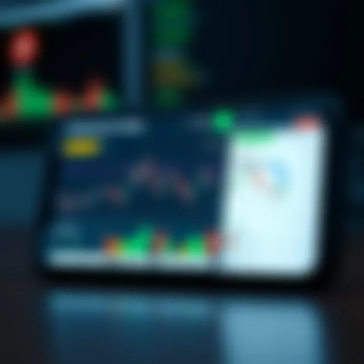 Mobile device screen displaying a trading app dashboard with stock charts and market data