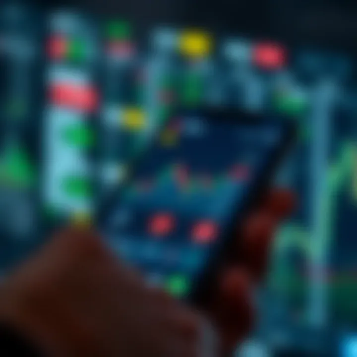 Illustration of a mobile phone displaying a trading app interface with financial graphs and cost-saving icons