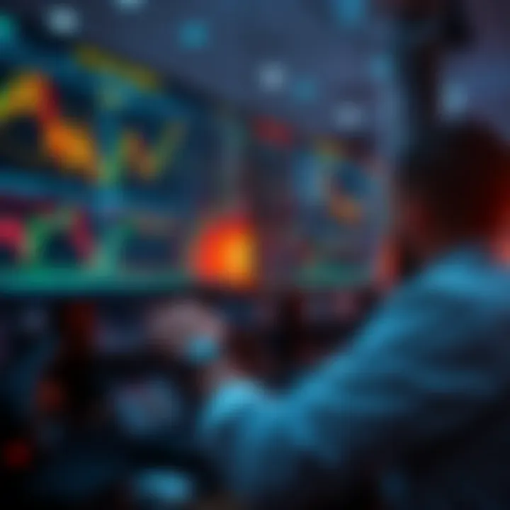 Graphical representation of automated trading algorithms analyzing stock market data on multiple screens