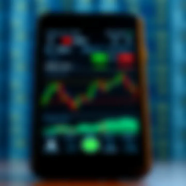 Mobile device displaying a forex trading app interface with charts and currency symbols