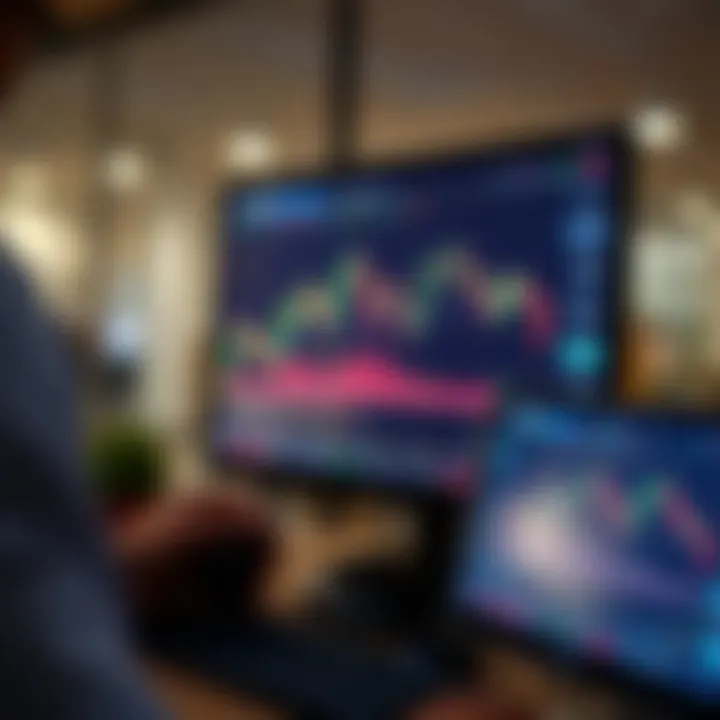 Graph showing trading chart with simulated trades and market indicators on a digital screen