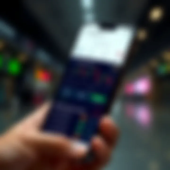 Mobile phone screen displaying a trading app interface with stock charts and deposit options