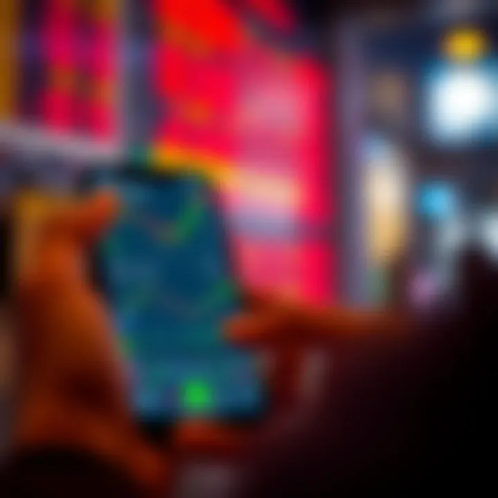 User interacting with a virtual options trading platform on a smartphone displaying various charts and option strategies