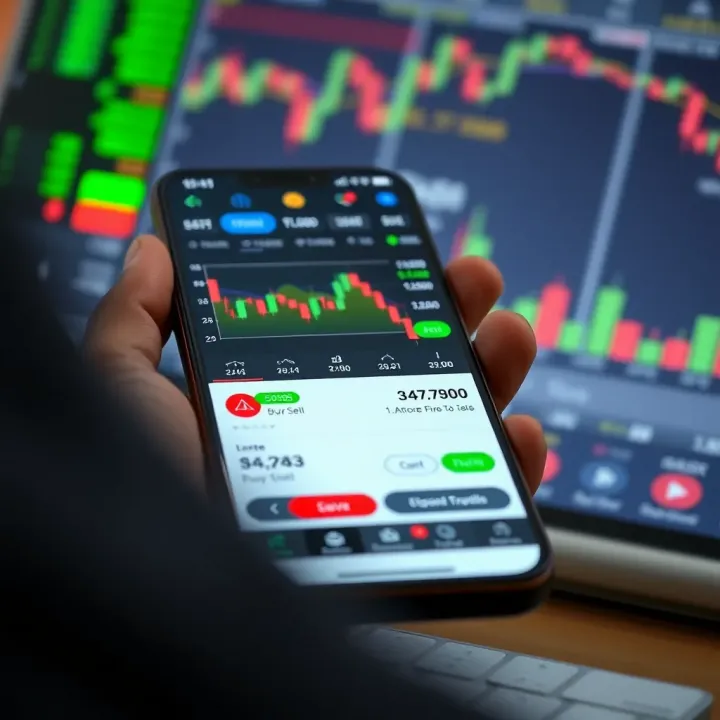 User interface of a market trading app showing stock charts and buy-sell options on a mobile device