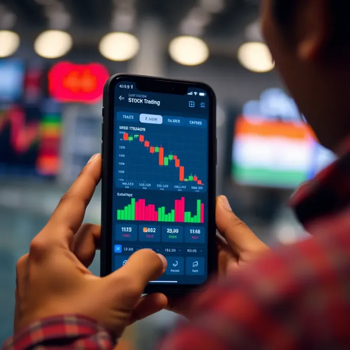 User engaging with a mobile app for simulated stock trading in the Indian stock market