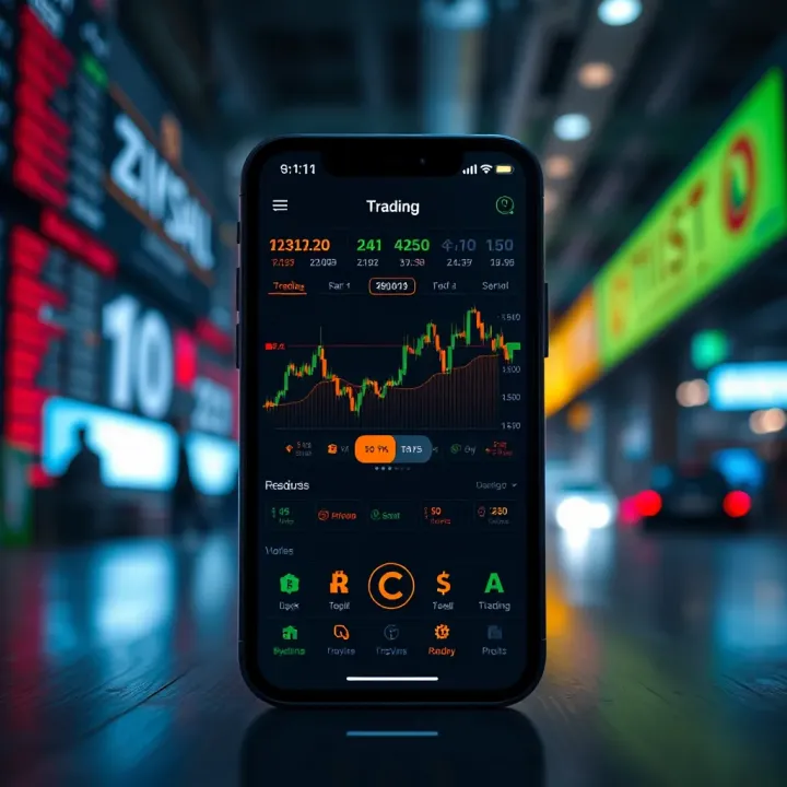 Mobile phone displaying a cryptocurrency trading app interface with charts and currency symbols