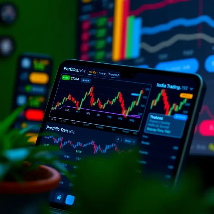 User interface showing an Indian stock trading app with charts and portfolio details