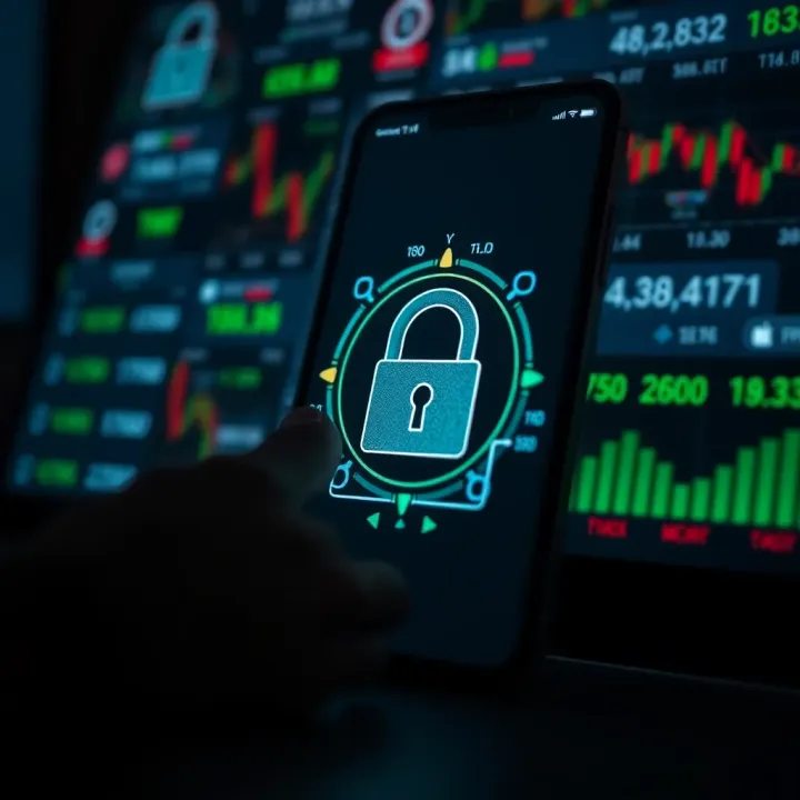 Secure mobile trading with encryption icons and a smartphone displaying a lock symbol