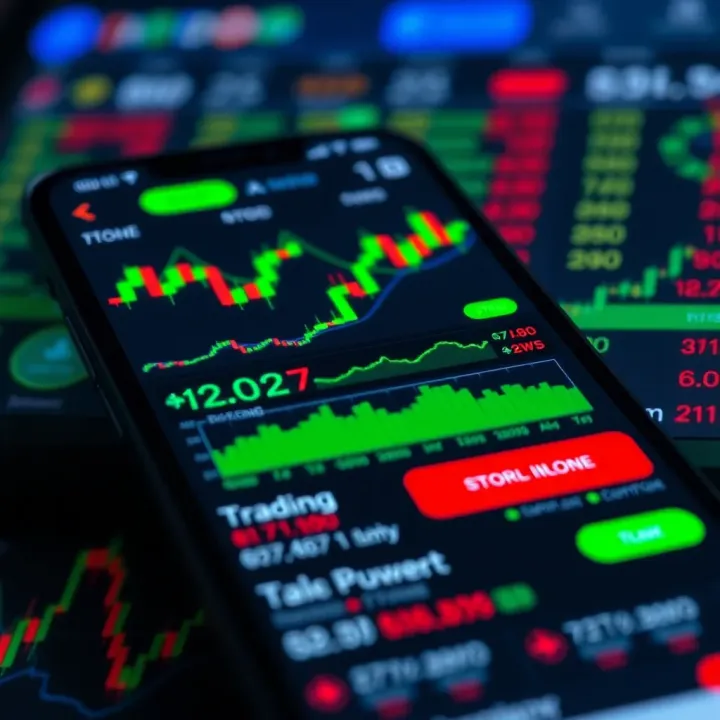 User interface of a mobile trading app showing stock charts and trading options