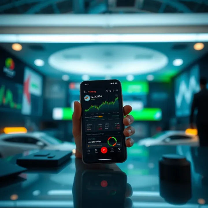 Smartphone screen displaying a variety of trading app features including charts, portfolio overview, and market news