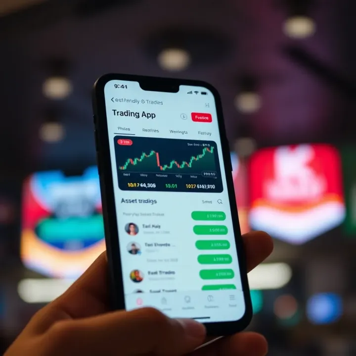 Mobile phone screen displaying a user-friendly trading app interface with charts and asset options
