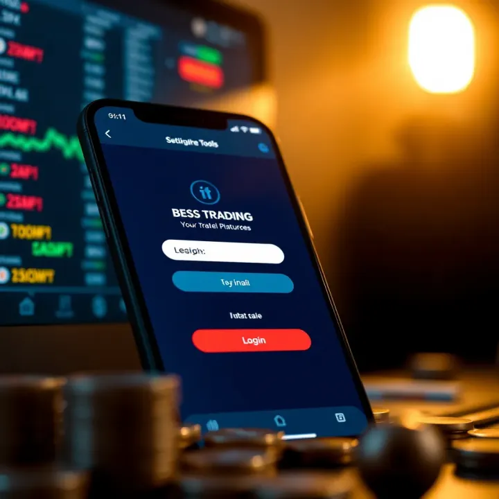 Secure login screen of a mobile trading platform with educational resources highlighted
