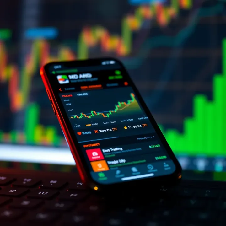 Mobile phone screen displaying a user-friendly trading app interface with charts and investment options
