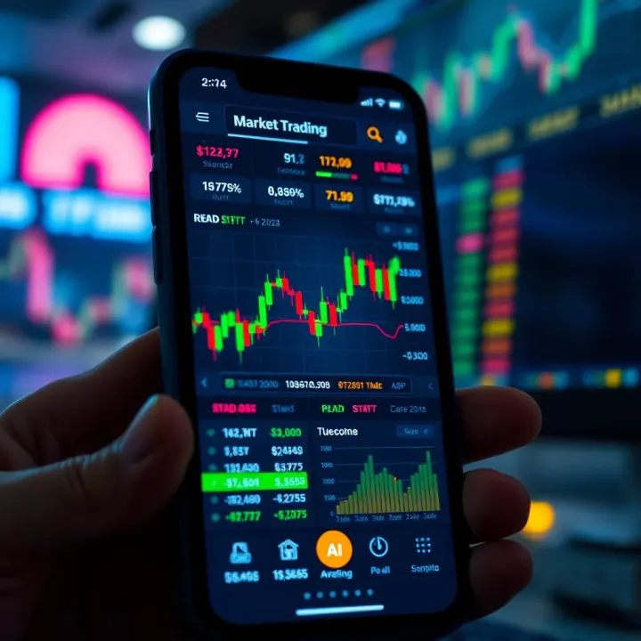User interface of a mobile trading application displaying stock charts and market data