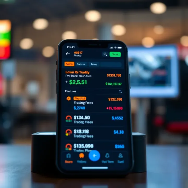 Mobile app interface showing various stock trading options with low brokerage fees