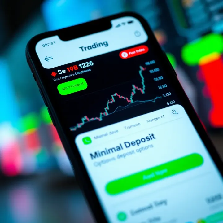 Mobile phone displaying a trading app interface with charts and minimal deposit options