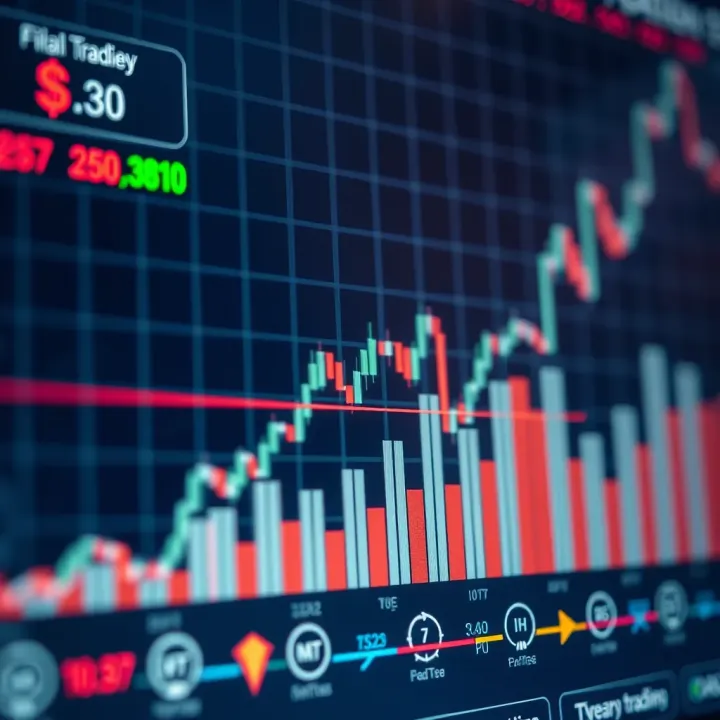 Graph showing rising and falling stock market trends with options trading symbols